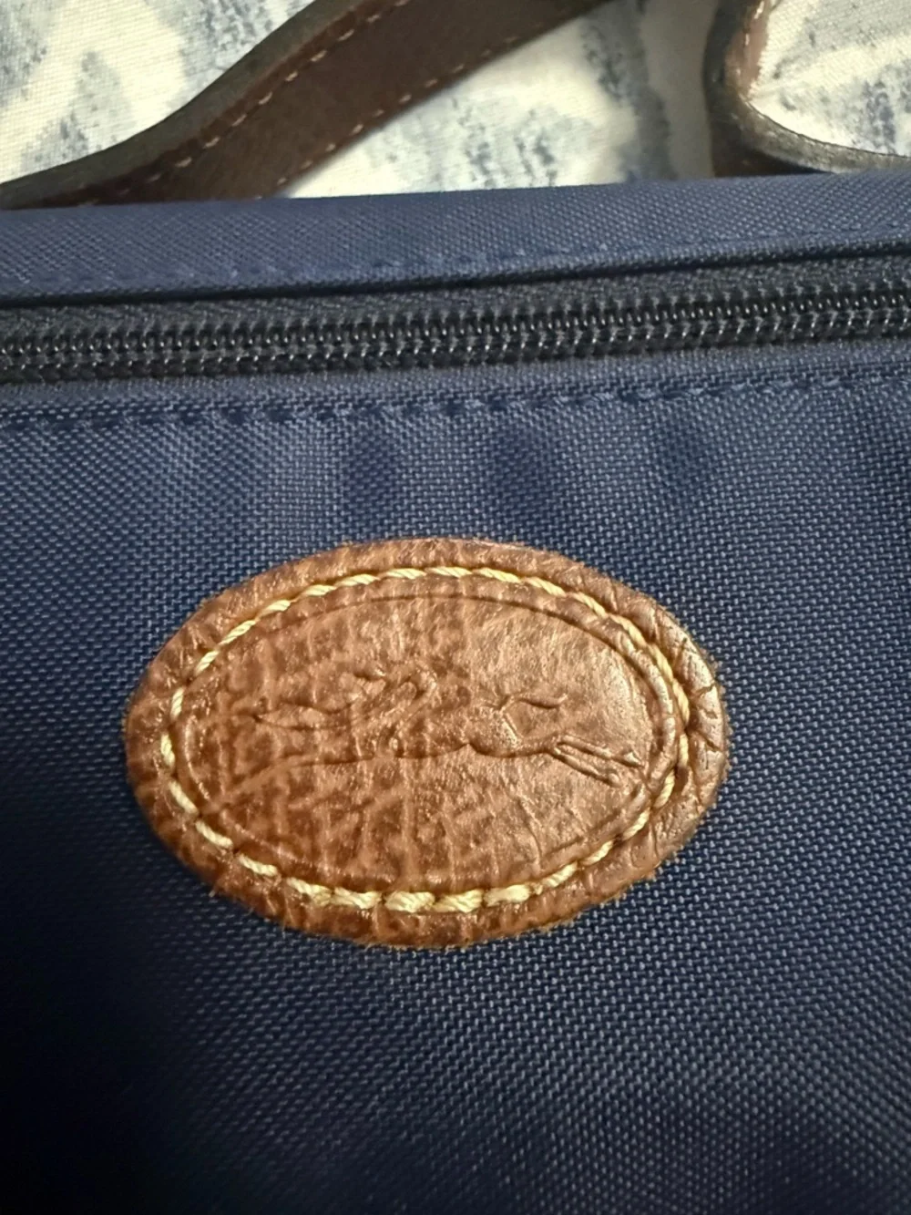 Longchamp Navy Canvas Pouch with Brown Leather Patch